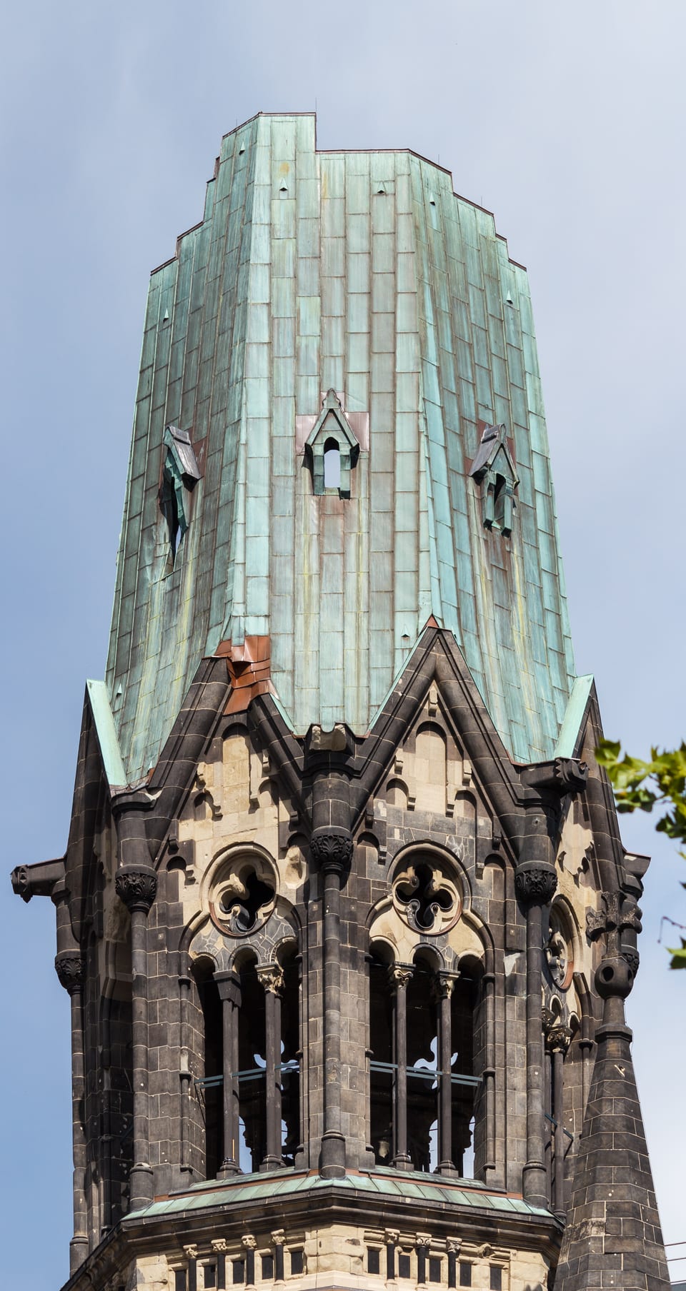 The damaged tower of Kaiser Wilhelm Memorial Church in Berlin.