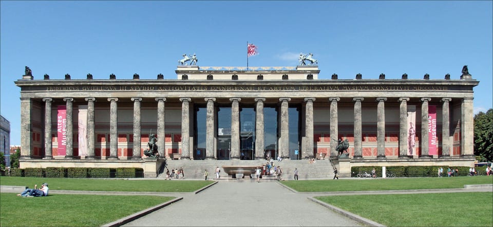 The colonnaded facade of the Altes Museum in Berlin.